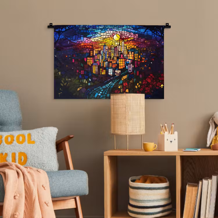Stad - Maan - Mozaïek - Kleurrijk Wandkleed katoen klein -wsfeer4_kind