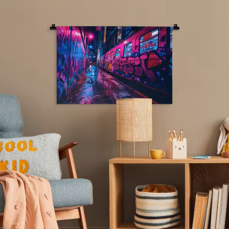 Stad - Neon - Nacht - Roze - Graffiti Wandkleed katoen klein -wsfeer4_kind