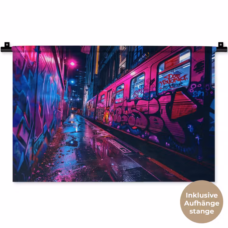 Stad - Neon - Nacht - Roze - Graffiti Wandkleed katoen klein -t3d_DE
