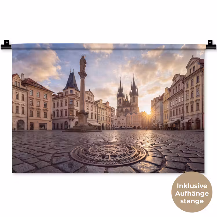 Stad - Praag - Ochtend - Architectuur - Goud Wandkleed katoen klein -t3d_DE