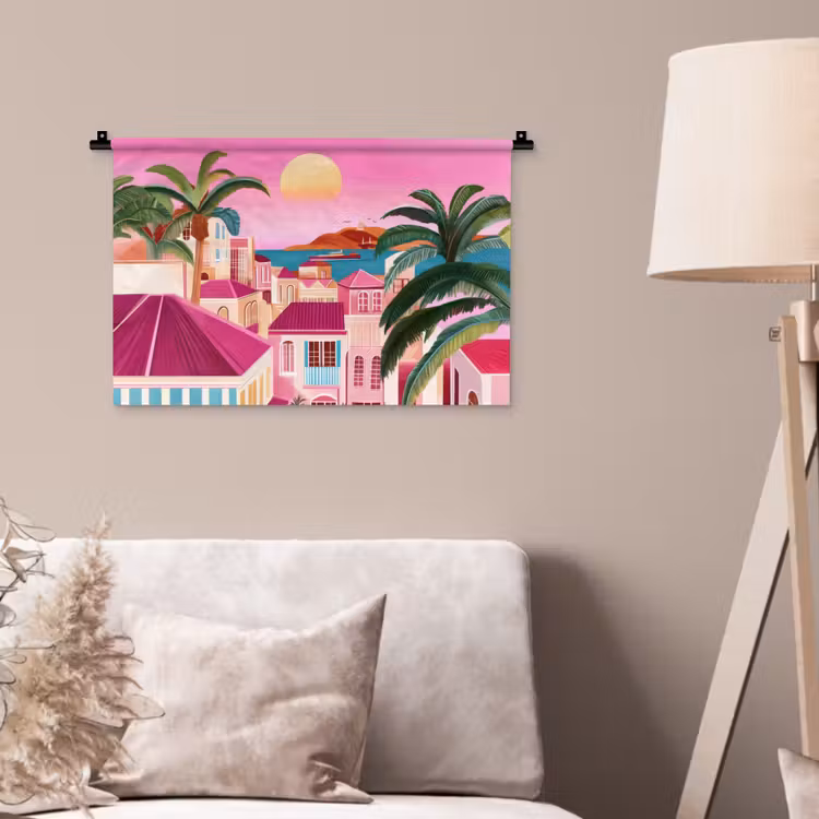 Stad - Roze - Palmbomen Wandkleed katoen klein -sfeer4