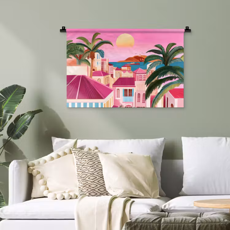 Stad - Roze - Palmbomen Wandkleed katoen klein -sfeer7
