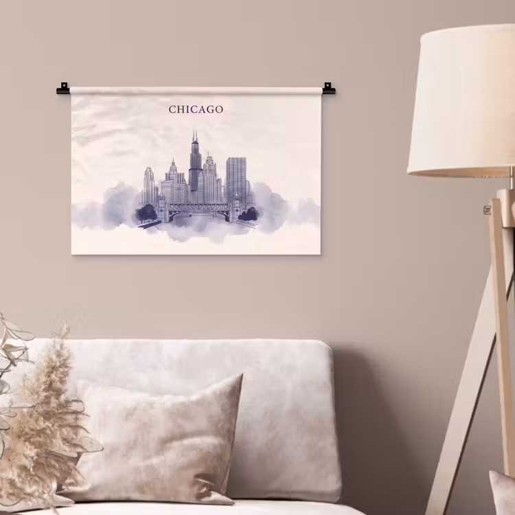 Stad - Skyline - Architectuur - Lijntekening - Blauw Wandkleed katoen klein -sfeer4