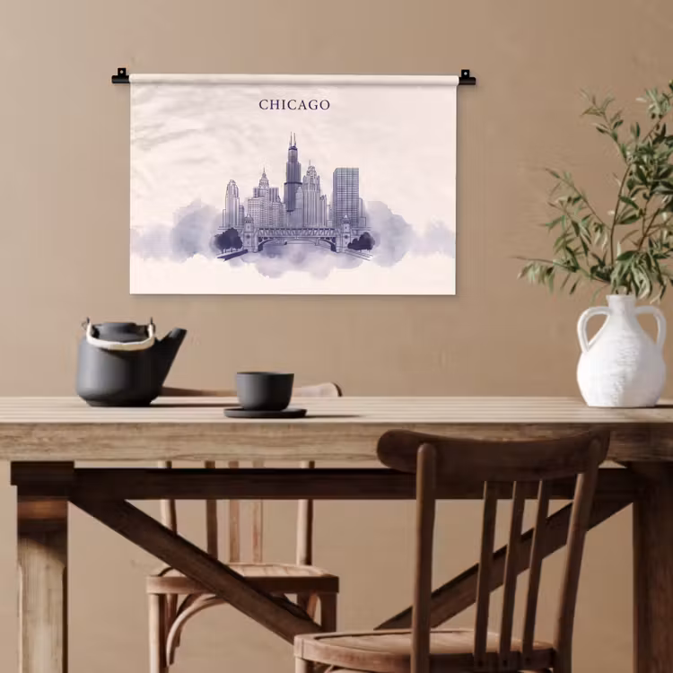 Stad - Skyline - Architectuur - Lijntekening - Blauw Wandkleed katoen klein -sfeer6