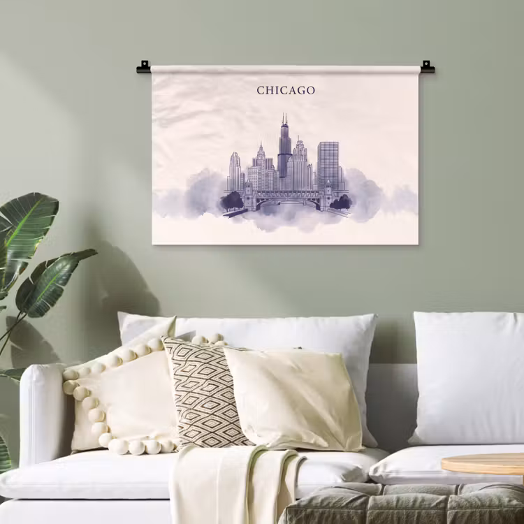 Stad - Skyline - Architectuur - Lijntekening - Blauw Wandkleed katoen klein -sfeer7