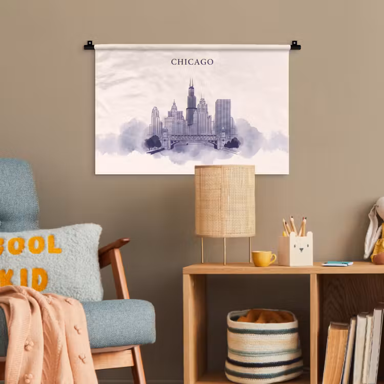 Stad - Skyline - Architectuur - Lijntekening - Blauw Wandkleed katoen klein -wsfeer4_kind