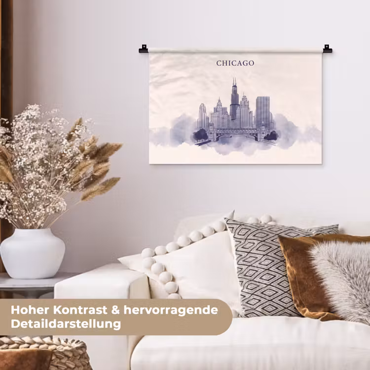 Stad - Skyline - Architectuur - Lijntekening - Blauw Wandkleed katoen klein -tsfeer1_DE