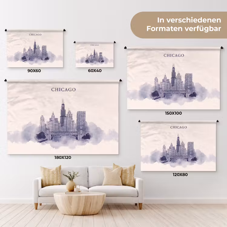 Stad - Skyline - Architectuur - Lijntekening - Blauw Wandkleed katoen klein -tsfeer8_DE