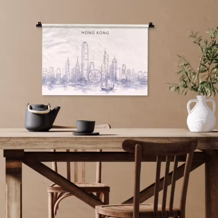 Stad - Skyline - Water - Lijntekening - Blauw Wandkleed katoen klein -sfeer6