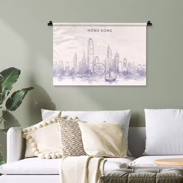 Stad - Skyline - Water - Lijntekening - Blauw Wandkleed katoen klein -sfeer7