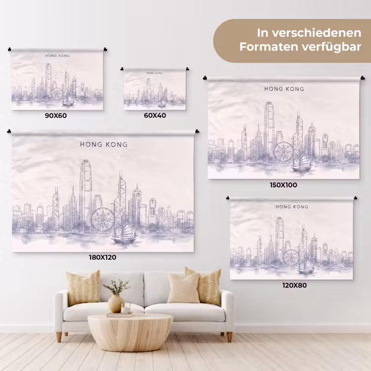 Stad - Skyline - Water - Lijntekening - Blauw Wandkleed katoen klein -tsfeer8_DE