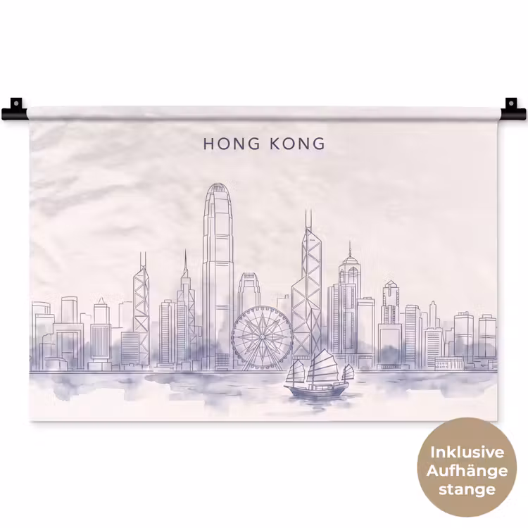 Stad - Skyline - Water - Lijntekening - Blauw Wandkleed katoen klein -t3d_DE