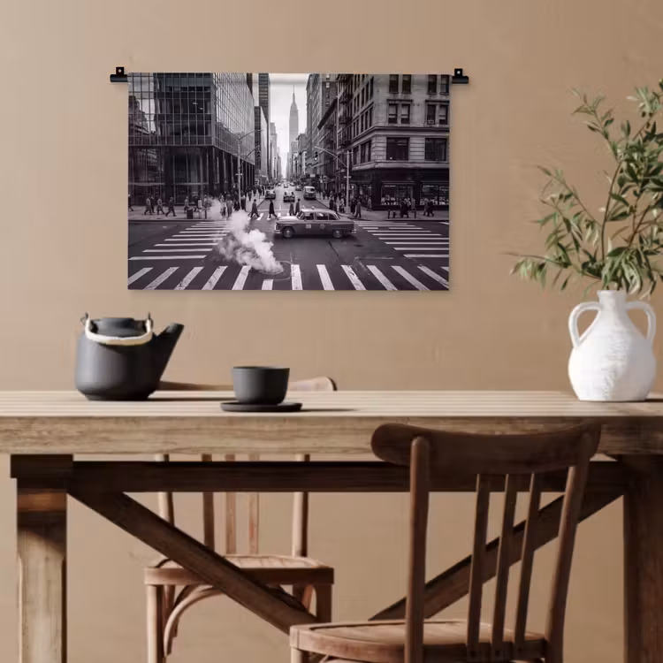 Stad - Straat - Gebouwen - Verkeer - Zwart-wit Wandkleed katoen klein -sfeer6
