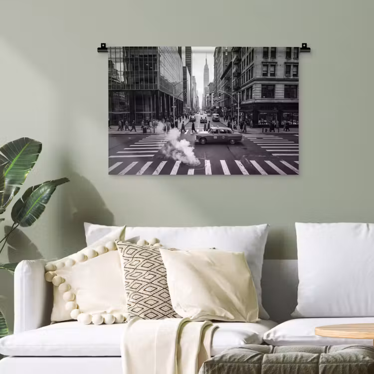 Stad - Straat - Gebouwen - Verkeer - Zwart-wit Wandkleed katoen klein -sfeer7