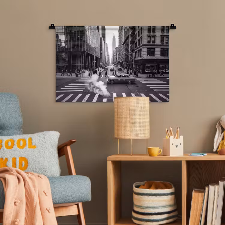 Stad - Straat - Gebouwen - Verkeer - Zwart-wit Wandkleed katoen klein -wsfeer4_kind