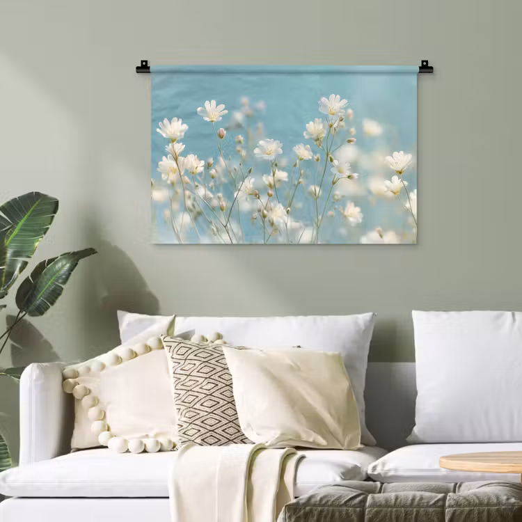 Stengels - Bloemen - Lucht - Wit Wandkleed katoen klein -sfeer7