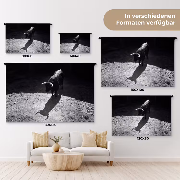 Stier - Schaduw - Dieren - Contrast - Zwart-wit Wandkleed katoen klein -tsfeer8_DE
