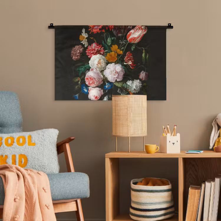 Stilleven met bloemen in een glazen vaas - Schilderij van Jan Davidsz. de Heem Wandkleed katoen klein -wsfeer4_kind