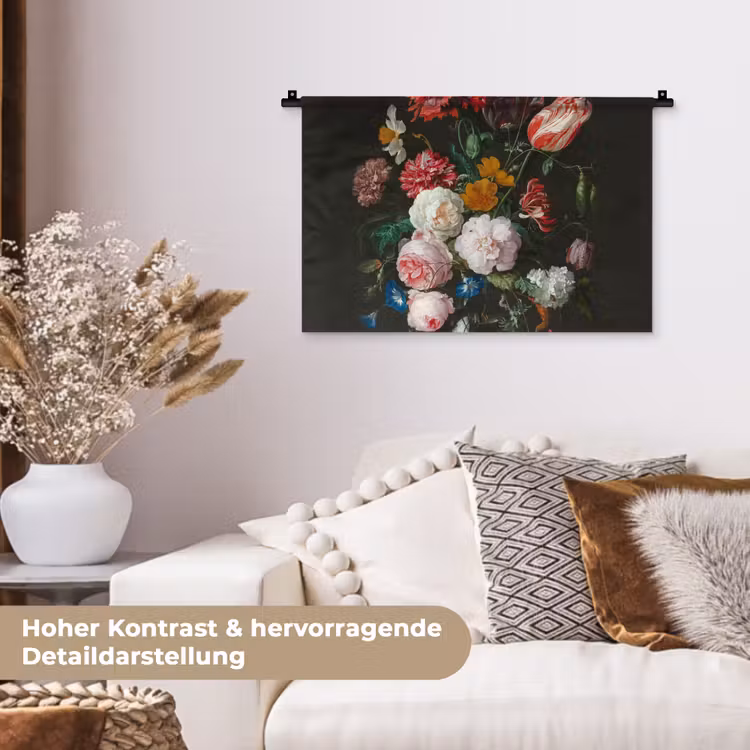 Stilleven met bloemen in een glazen vaas - Schilderij van Jan Davidsz. de Heem Wandkleed katoen klein -tsfeer1_DE