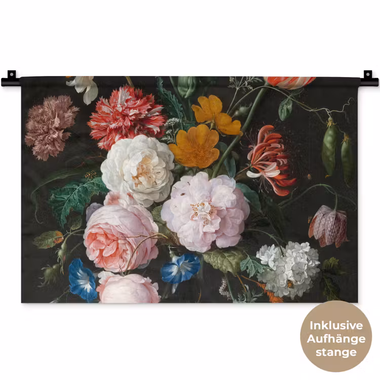 Stilleven met bloemen in een glazen vaas - Schilderij van Jan Davidsz. de Heem Wandkleed katoen klein -t3d_DE