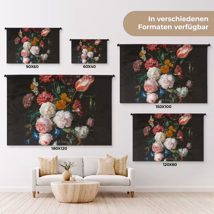 Stilleven met bloemen in een glazen vaas - Schilderij van Jan Davidsz. de Heem Wandkleed katoen klein -tsfeer8_DE