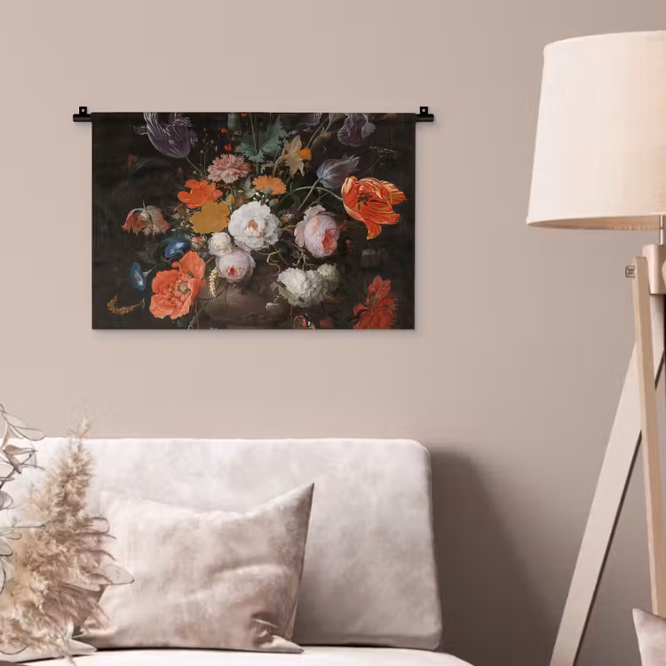 Stilleven met bloemen en een horloge - Schilderij van Abraham Mignon Wandkleed katoen klein -sfeer4