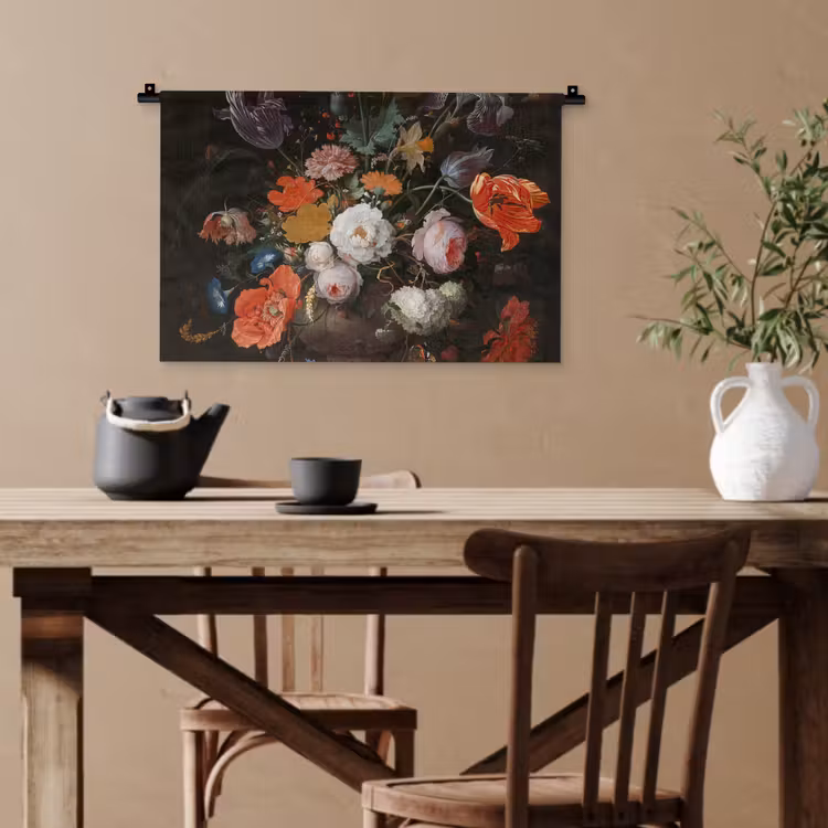 Stilleven met bloemen en een horloge - Schilderij van Abraham Mignon Wandkleed katoen klein -sfeer6