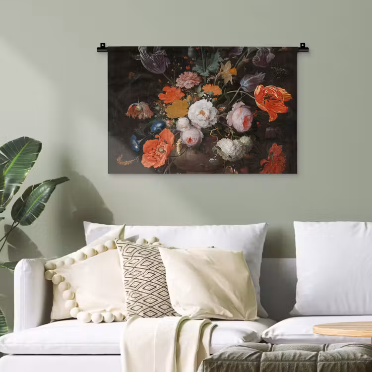 Stilleven met bloemen en een horloge - Schilderij van Abraham Mignon Wandkleed katoen klein -sfeer7