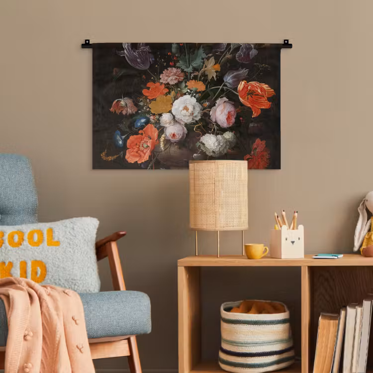 Stilleven met bloemen en een horloge - Schilderij van Abraham Mignon Wandkleed katoen klein -wsfeer4_kind