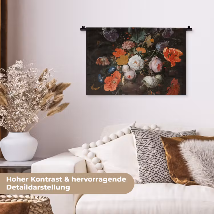 Stilleven met bloemen en een horloge - Schilderij van Abraham Mignon Wandkleed katoen klein -tsfeer1_DE