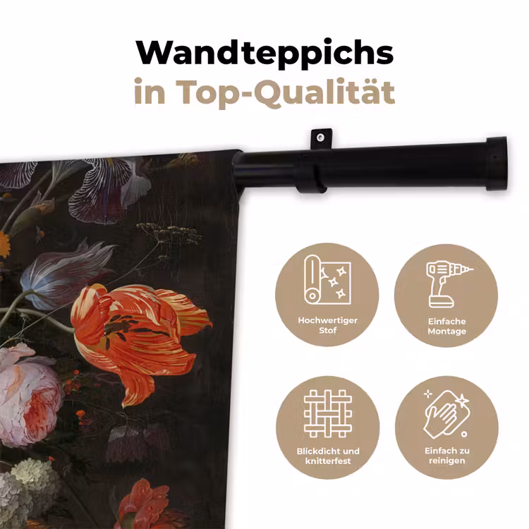 Stilleven met bloemen en een horloge - Schilderij van Abraham Mignon Wandkleed katoen klein -tsfeer2_DE