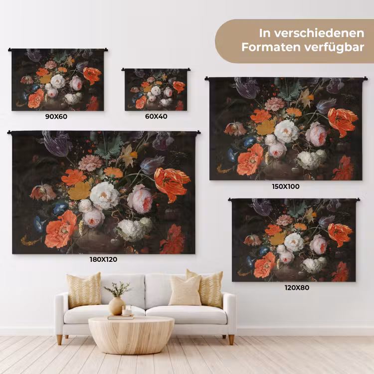 Stilleven met bloemen en een horloge - Schilderij van Abraham Mignon Wandkleed katoen klein -tsfeer8_DE