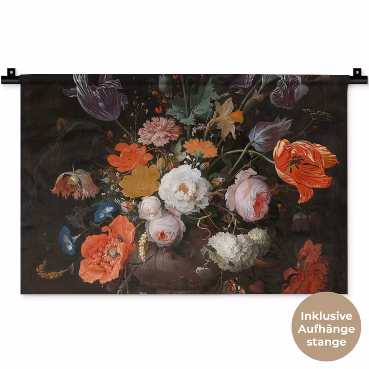Stilleven met bloemen en een horloge - Schilderij van Abraham Mignon Wandkleed katoen klein -t3d_DE