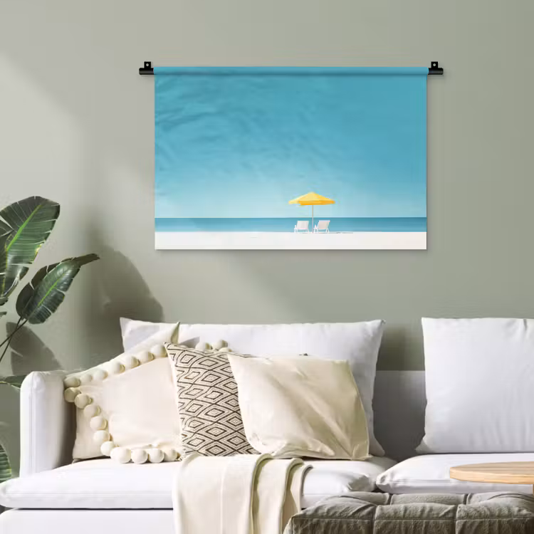 Strand - Blauwe lucht - Geel - Parasol Wandkleed katoen klein -sfeer7
