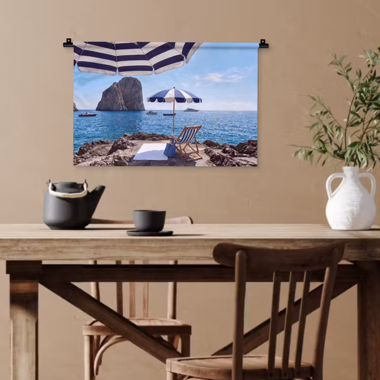 Strand - Ligstoel - Parasol - Zomer - Blauw Wandkleed katoen klein -sfeer6