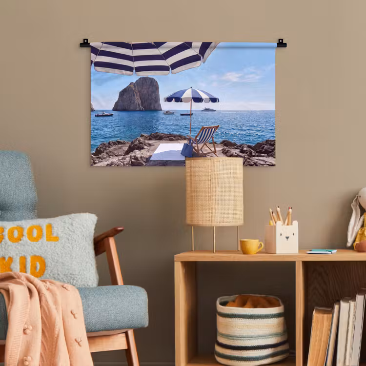 Strand - Ligstoel - Parasol - Zomer - Blauw Wandkleed katoen klein -wsfeer4_kind