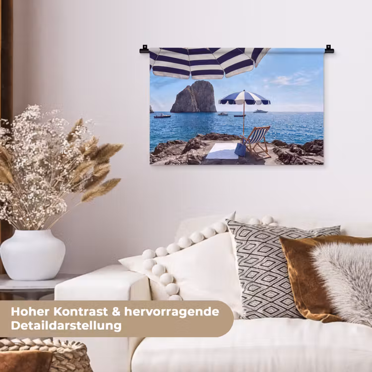 Strand - Ligstoel - Parasol - Zomer - Blauw Wandkleed katoen klein -tsfeer1_DE