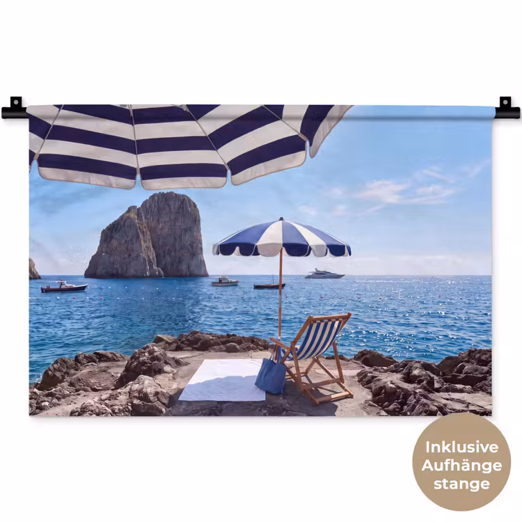 Strand - Ligstoel - Parasol - Zomer - Blauw Wandkleed katoen klein -t3d_DE
