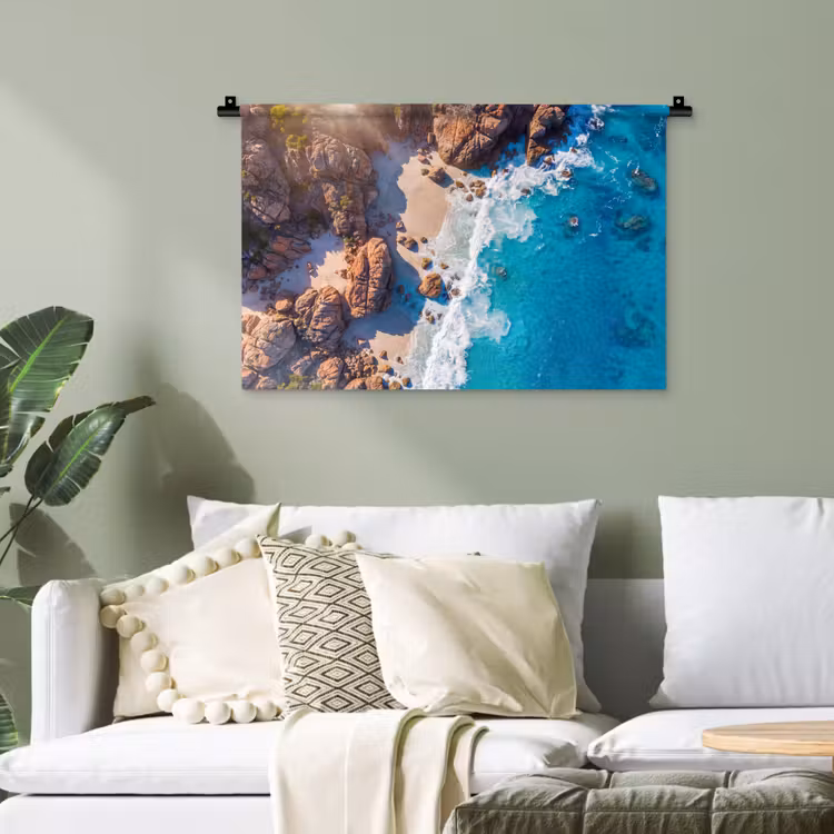 Strand - Zee - Rotsen - Natuur - Blauw Wandkleed katoen klein -sfeer7