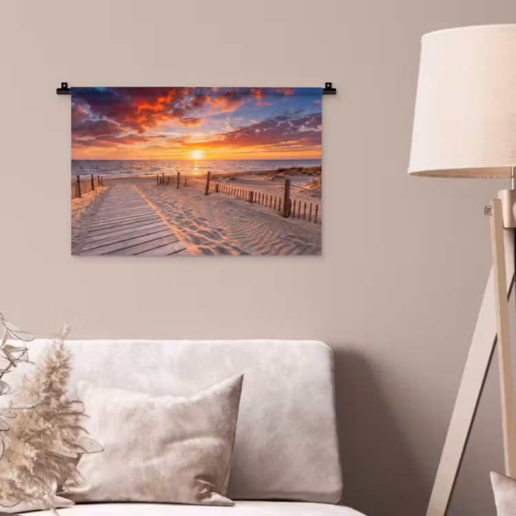 Strand - Zonsondergang - Zee - Natuur - Oranje Wandkleed katoen klein -sfeer4
