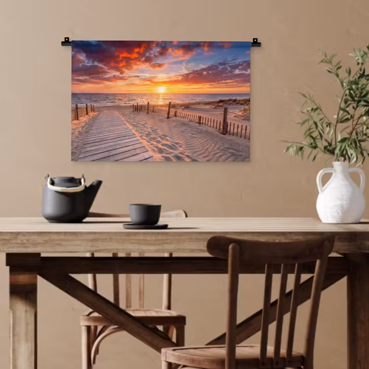 Strand - Zonsondergang - Zee - Natuur - Oranje Wandkleed katoen klein -sfeer6