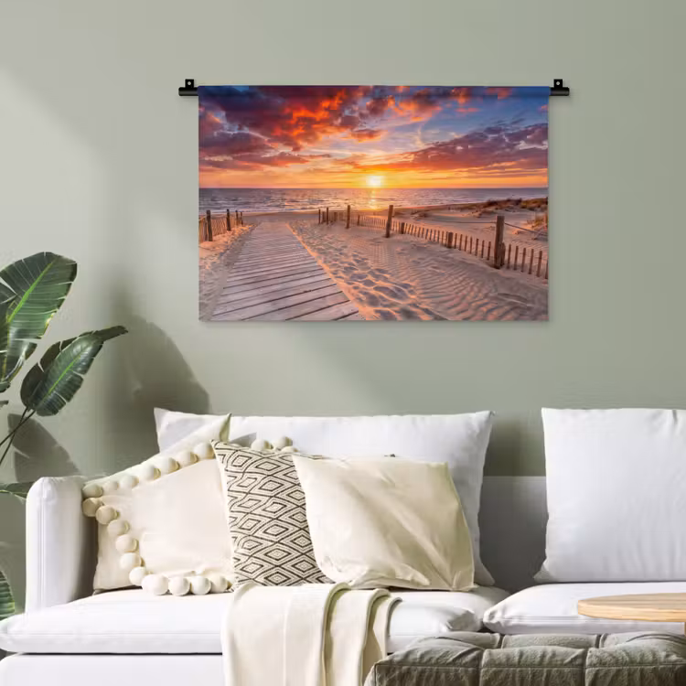 Strand - Zonsondergang - Zee - Natuur - Oranje Wandkleed katoen klein -sfeer7