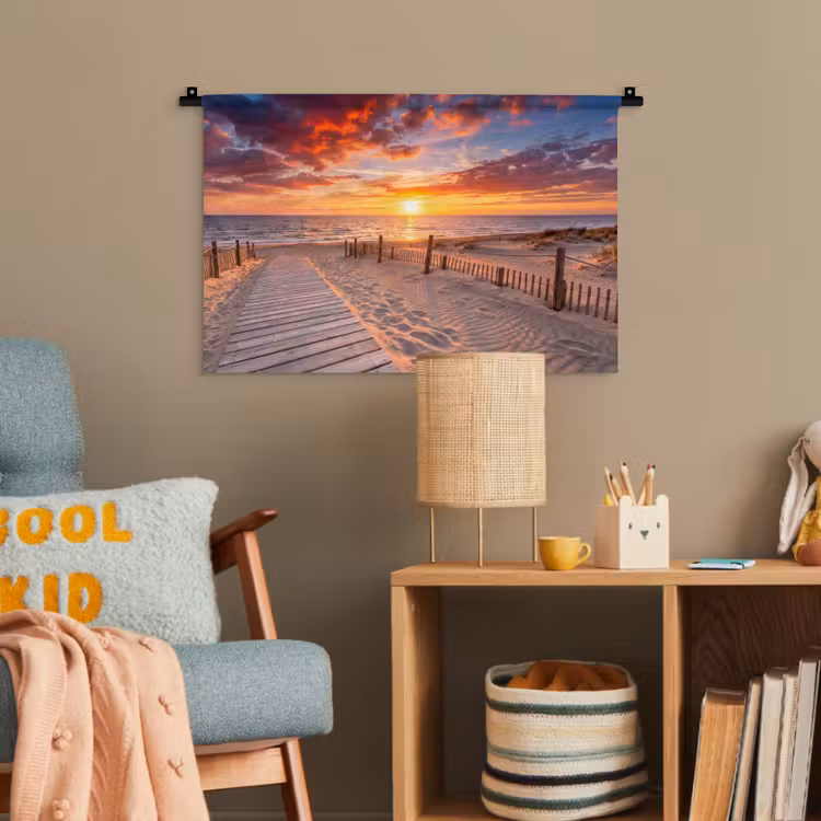 Strand - Zonsondergang - Zee - Natuur - Oranje Wandkleed katoen klein -wsfeer4_kind