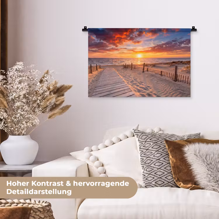 Strand - Zonsondergang - Zee - Natuur - Oranje Wandkleed katoen klein -tsfeer1_DE
