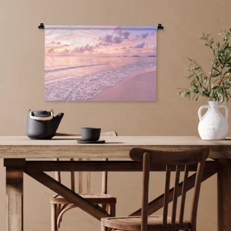 Strand - Zonsondergang - Natuur - Minimalistisch - Roze Wandkleed katoen klein -sfeer6