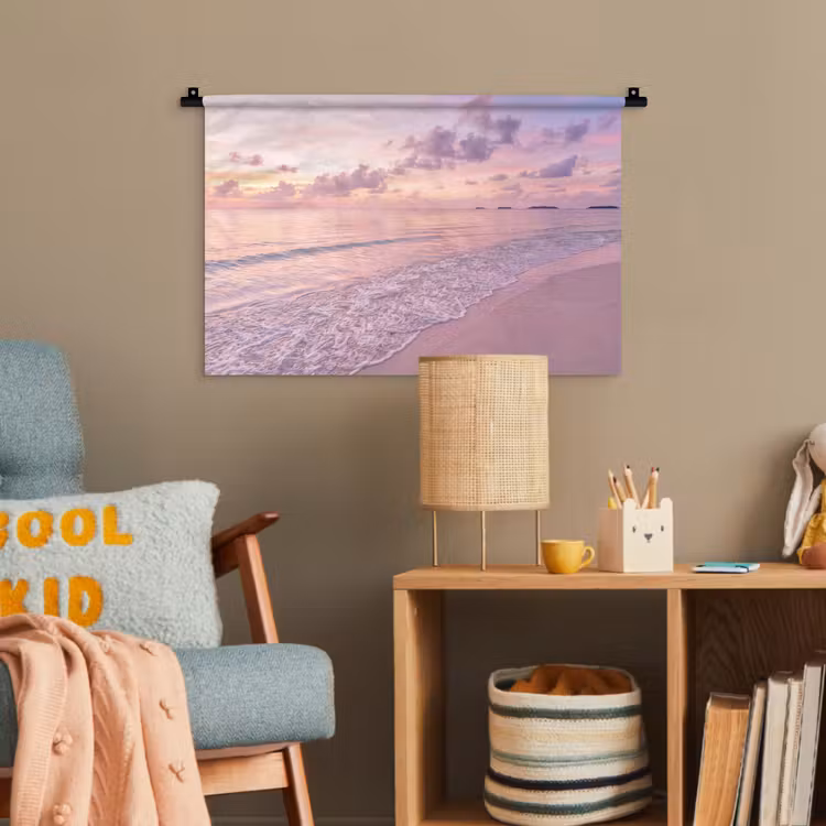 Strand - Zonsondergang - Natuur - Minimalistisch - Roze Wandkleed katoen klein -wsfeer4_kind
