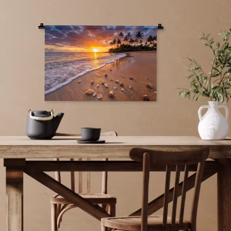 Strand - Zonsondergang - Palmbomen - Natuur - Oranje Wandkleed katoen klein -sfeer6