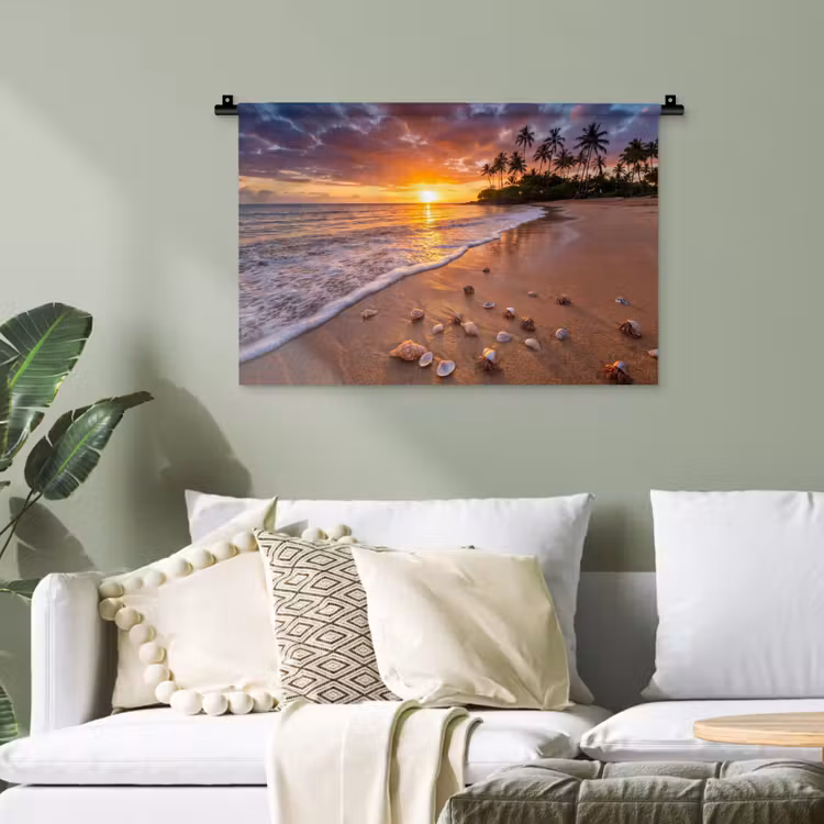 Strand - Zonsondergang - Palmbomen - Natuur - Oranje Wandkleed katoen klein -sfeer7