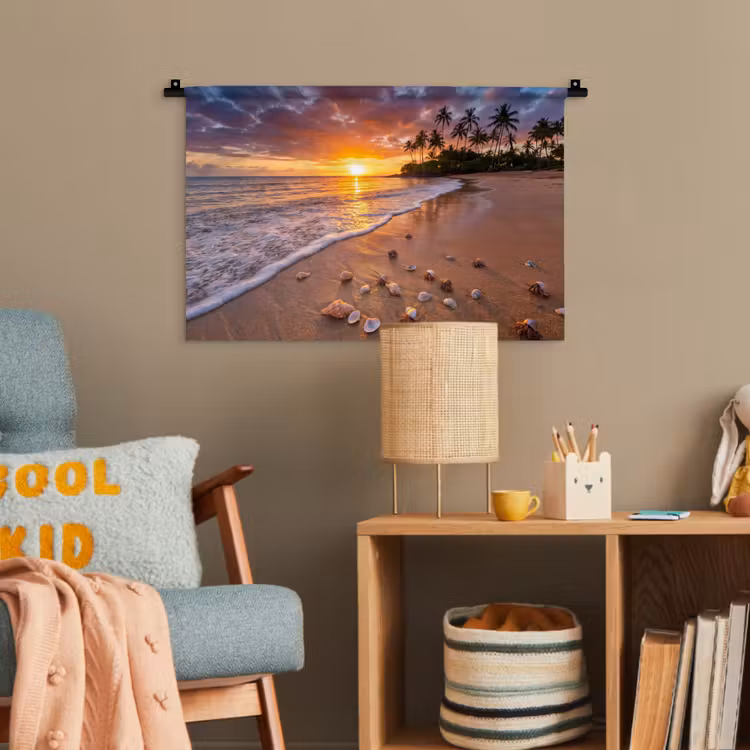 Strand - Zonsondergang - Palmbomen - Natuur - Oranje Wandkleed katoen klein -wsfeer4_kind