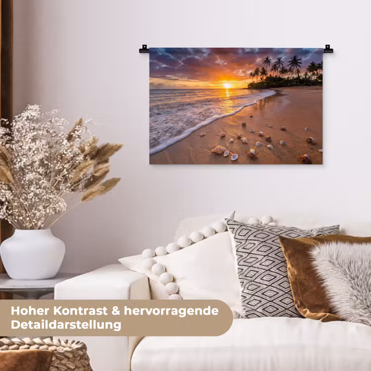 Strand - Zonsondergang - Palmbomen - Natuur - Oranje Wandkleed katoen klein -tsfeer1_DE
